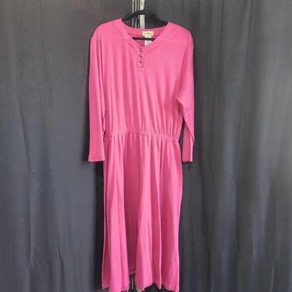 Vintage LL Bean Pink Cotton Jersey Henley Dress with Pockets Size L - Picture 1 of 9